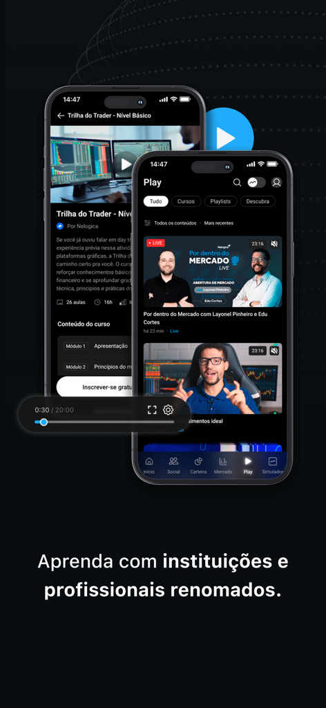 HUB3 - Gestão de Investimentos - Dos pantallas de smartphone que muestran cursos de inversión educativos y videos de análisis de mercado en la aplicación HUB3