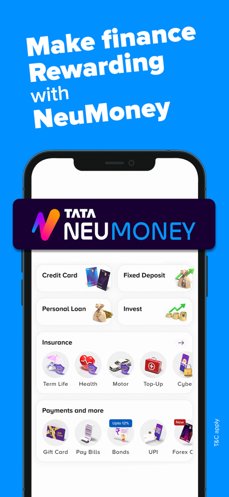 Tata Neu:Shop, Travel, Finance - Tata NeuアプリのNeuMoneyセクションのインターフェース。クレジットカード、ローン、保険、投資などの金融サービスが特集されています。