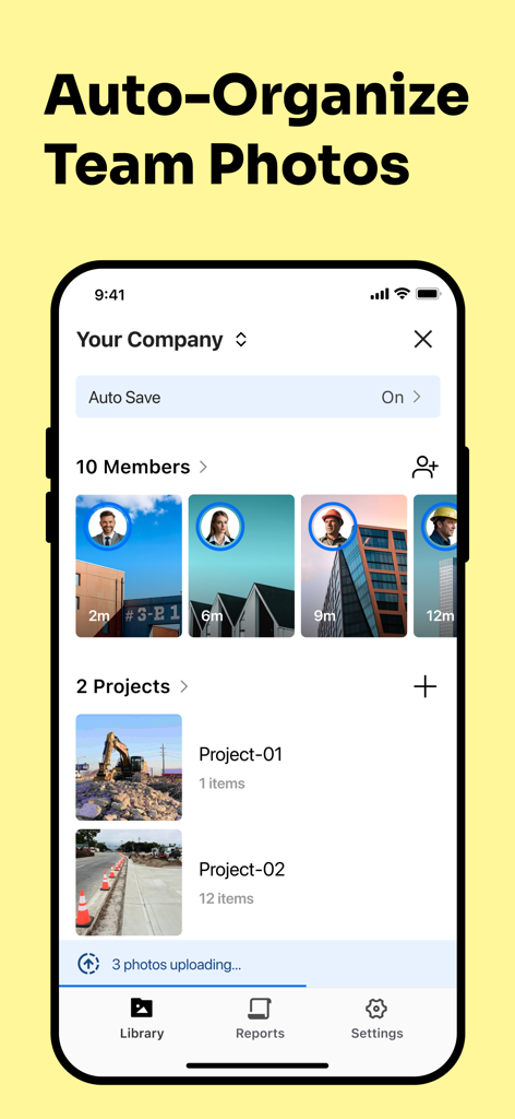 Timemark app interface showing auto organized team photos and project folders for construction sites