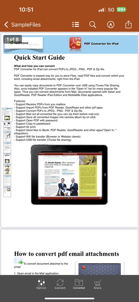 A Quick Start Guide page within the PDF to PowerPoint converter app displaying features and conversion instructions on an iPad