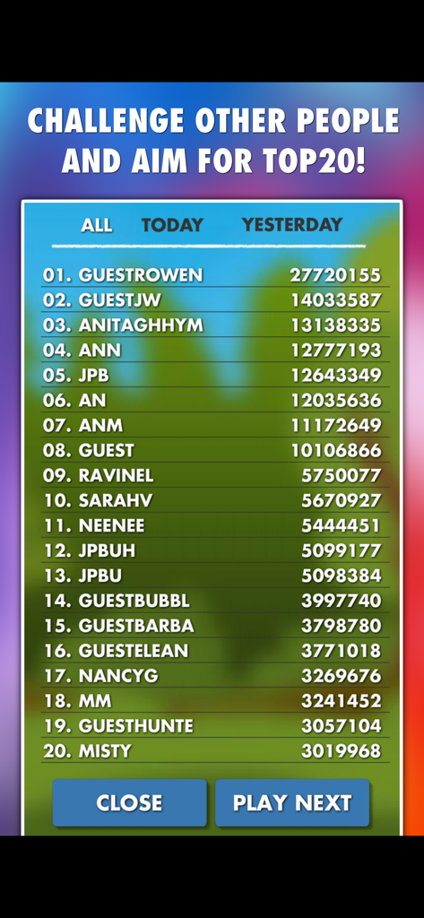 Word Search Games PROのハイスコアが表示されたトップ20グローバルプレイヤーリーダーボード