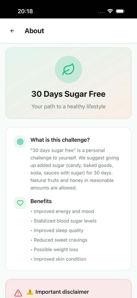 About screen of the No Sugar 30 Days app explaining the challenge and health benefits
