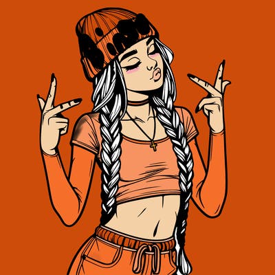realistic teenage girl with braids and a beanie and crop top doing 🫶🏼