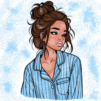 realistic woman with pajamas on and a messy bun