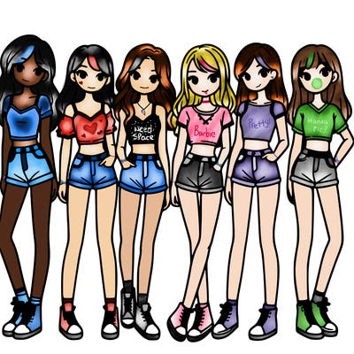 a group of girls wearing crop tops and shorts