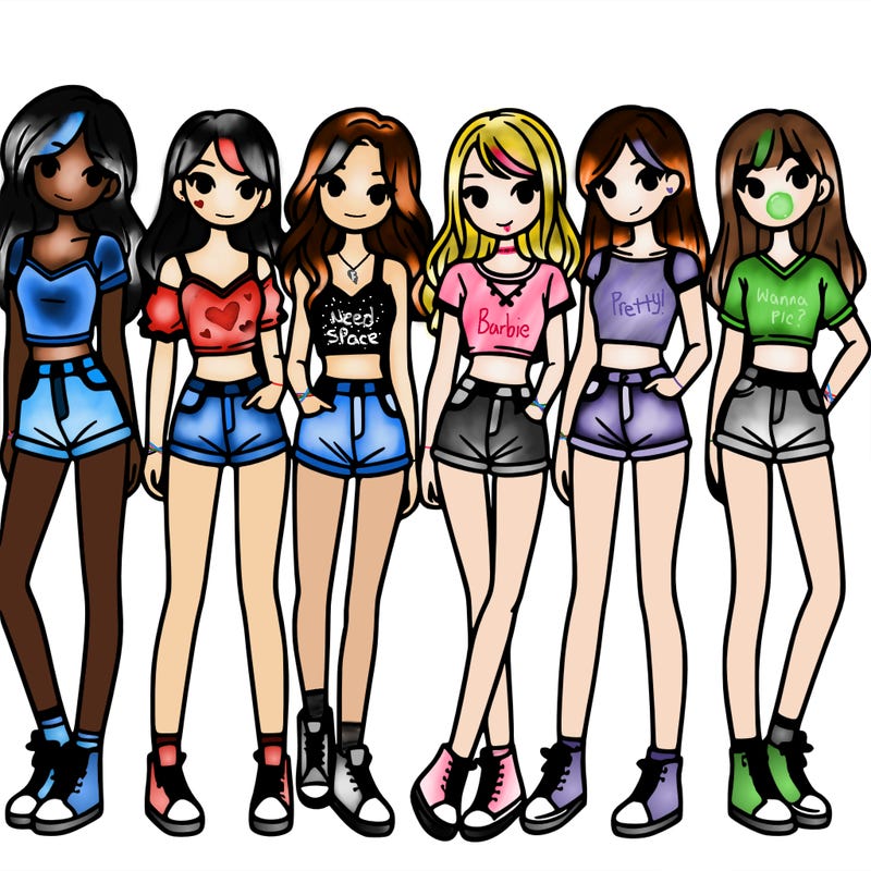 a group of girls wearing crop tops and shorts