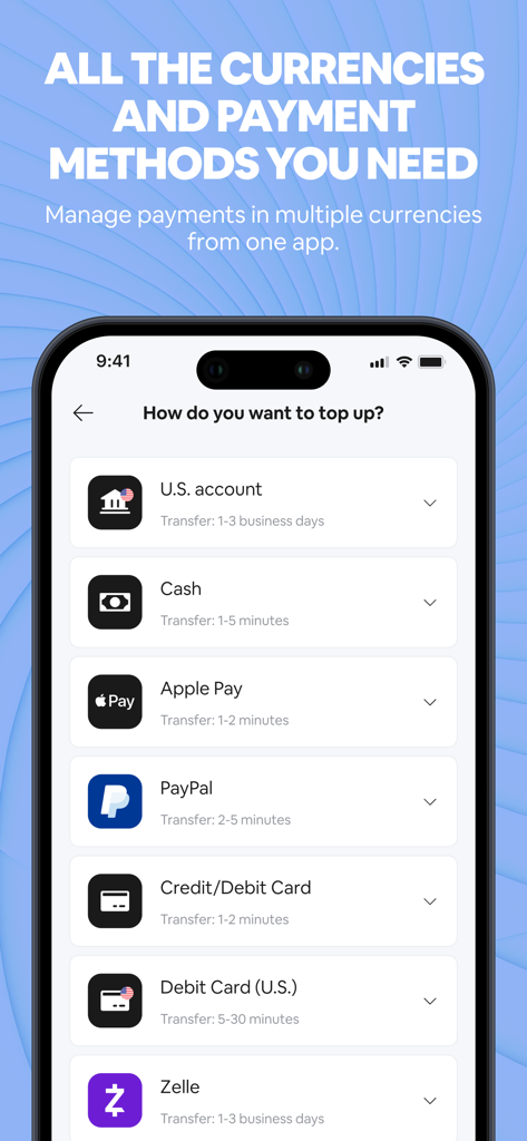 Kontigo Global app interface showing various ways to top up an account