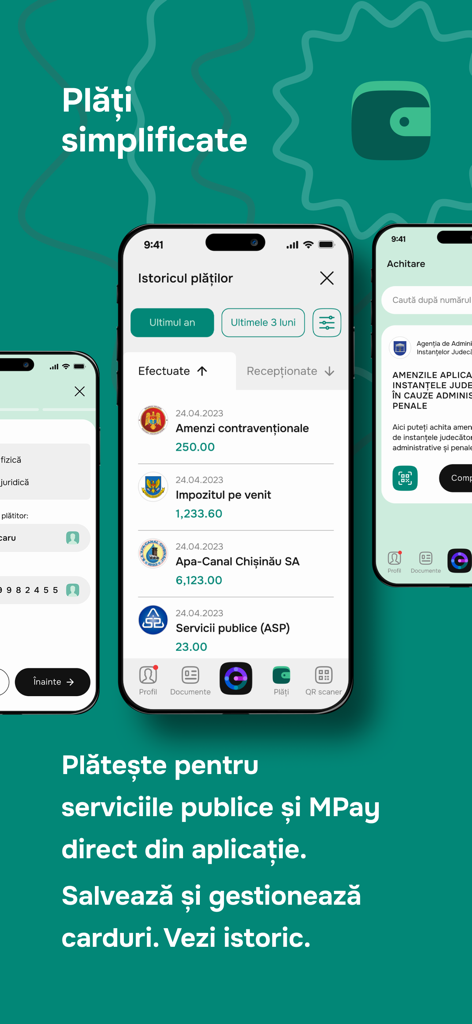 EVOアプリのインターフェース。モルドバの公共サービスと税金のデジタル支払い履歴が表示されています