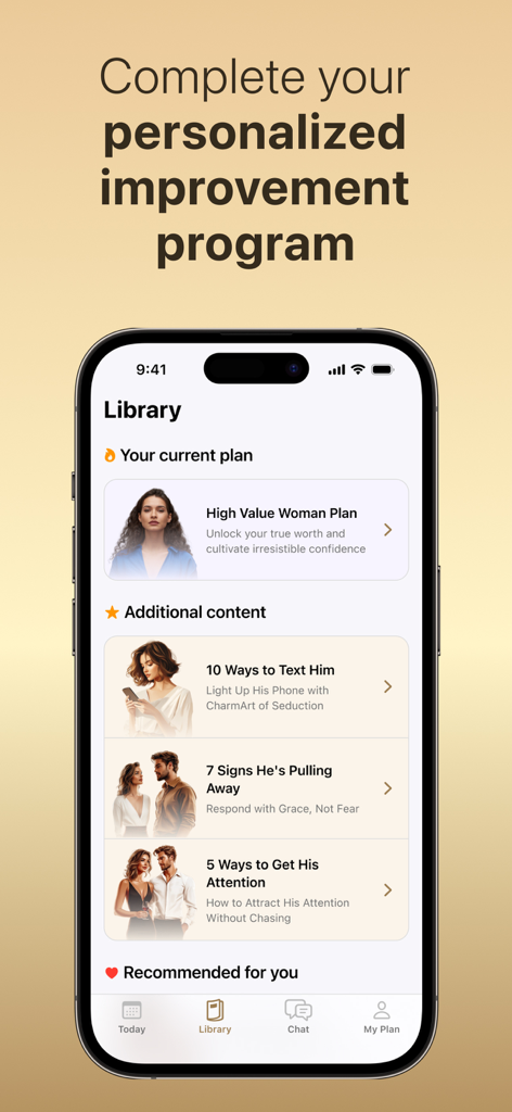 MusesAcademy: Daily Growth - MusesAcademy app screen displaying personalized improvement plans and lifestyle lessons for women