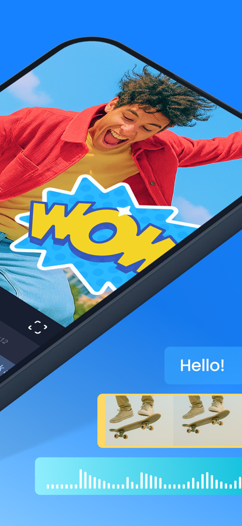 Interfaz de la aplicación editor de video Clideo mostrando stickers, superposiciones de texto y una línea de tiempo multipista