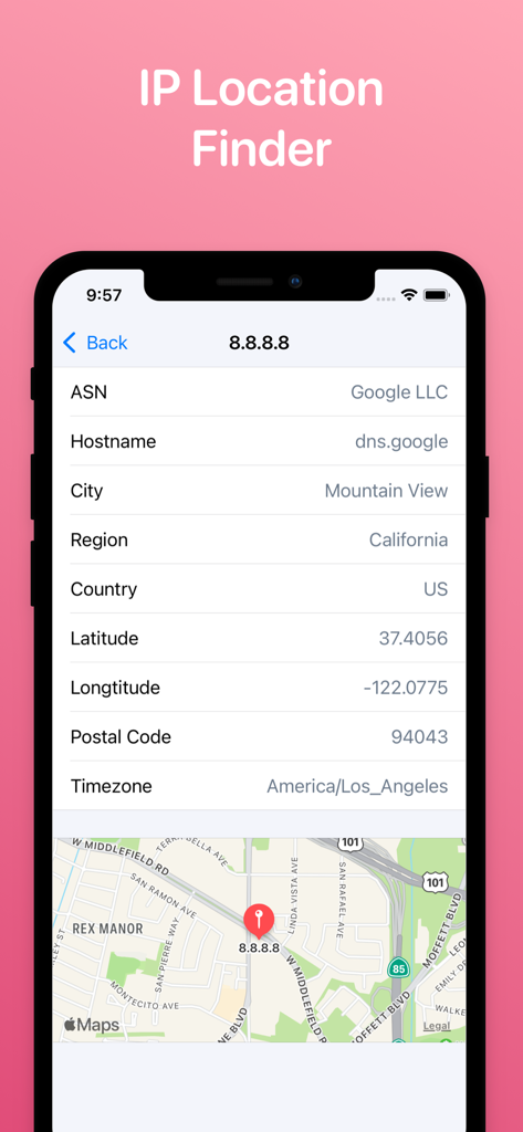 IPアドレスの詳細な地理データと地図ビューを示すIP Location Finderツールのモバイルインターフェース。