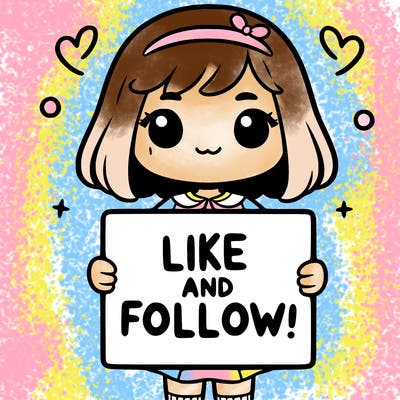 a girl holding a sign that says like and follow!