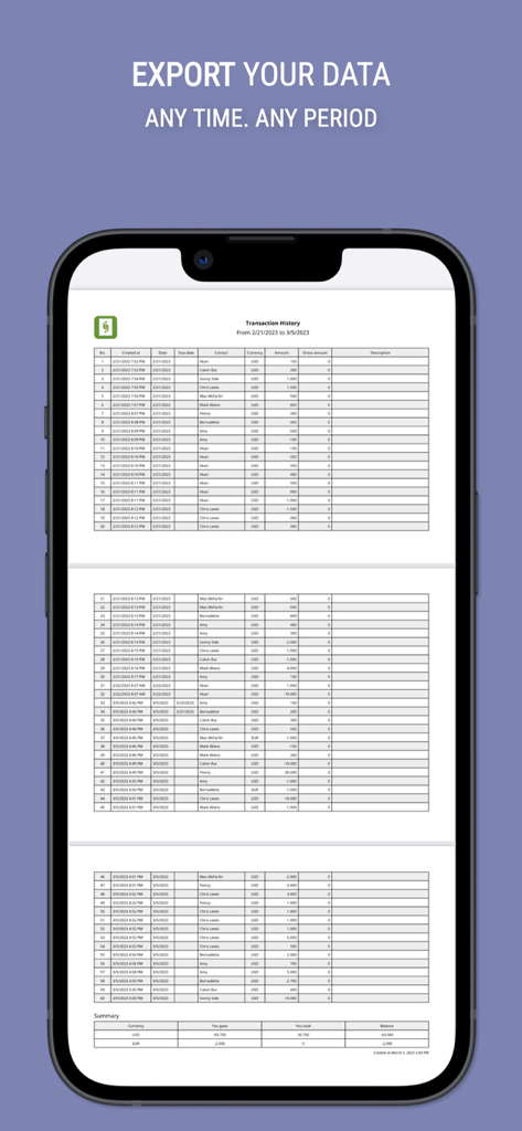 Sono: Debt tracker and manager - Sono app screenshot showing an exported transaction history list and debt summary