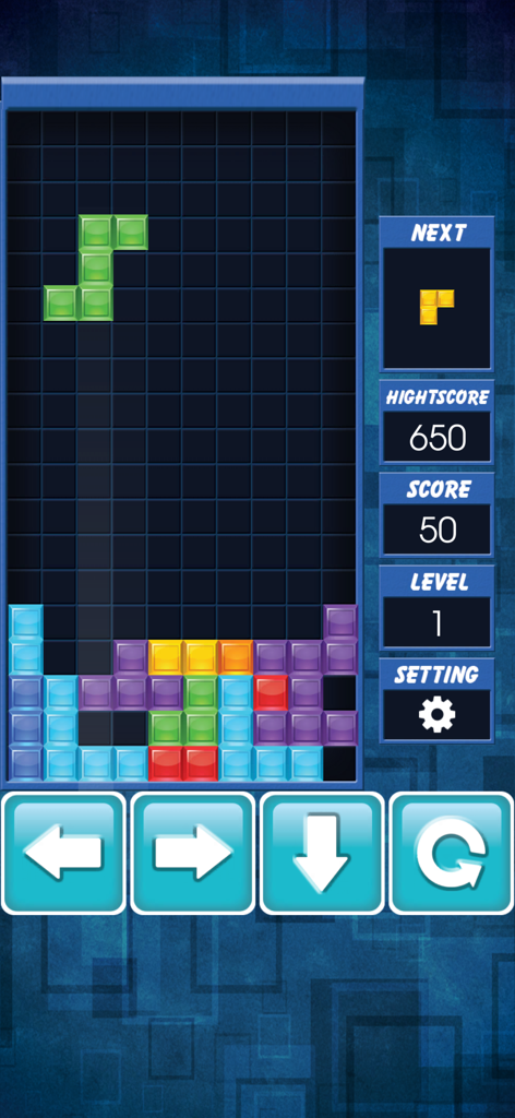 Classic block puzzle gameplay screen showing falling pieces and game statistics