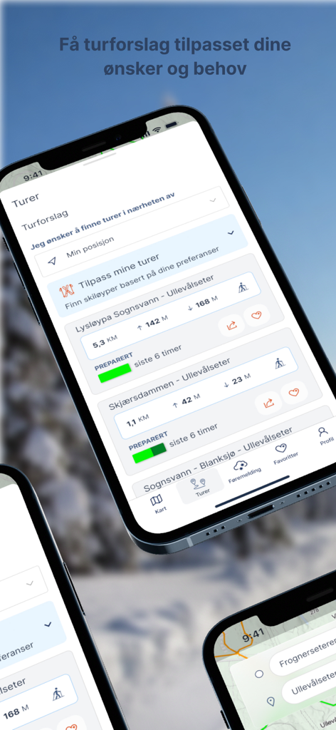 Sporet - Sporet app interface showing cross-country ski trail suggestions and grooming status in Norway