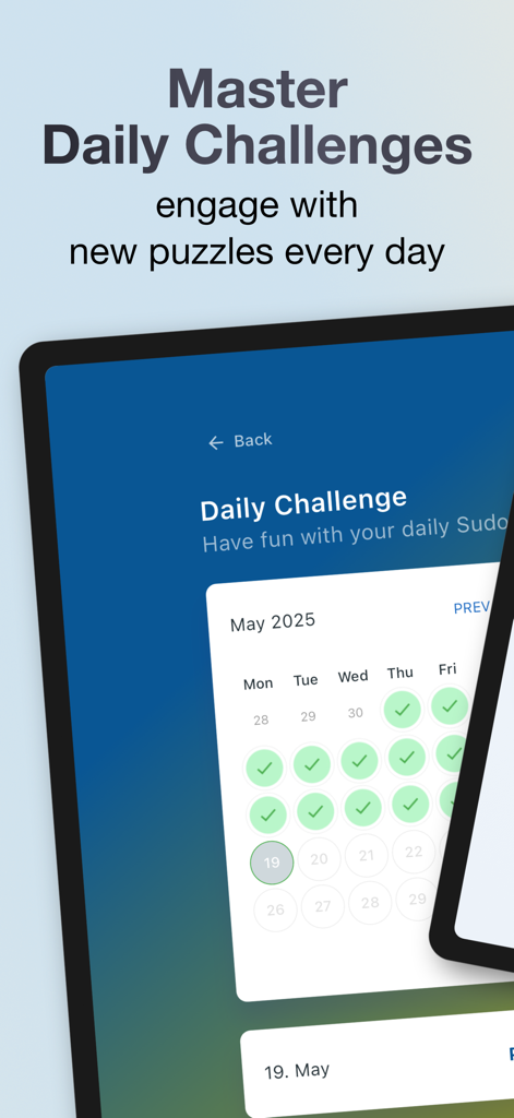 Pantalla del calendario de desafío diario de Sudoku que muestra puzzles completados
