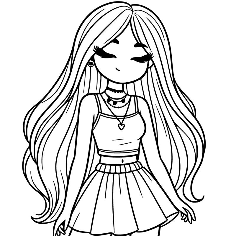 girl with long hair, crop top, skirt and necklace