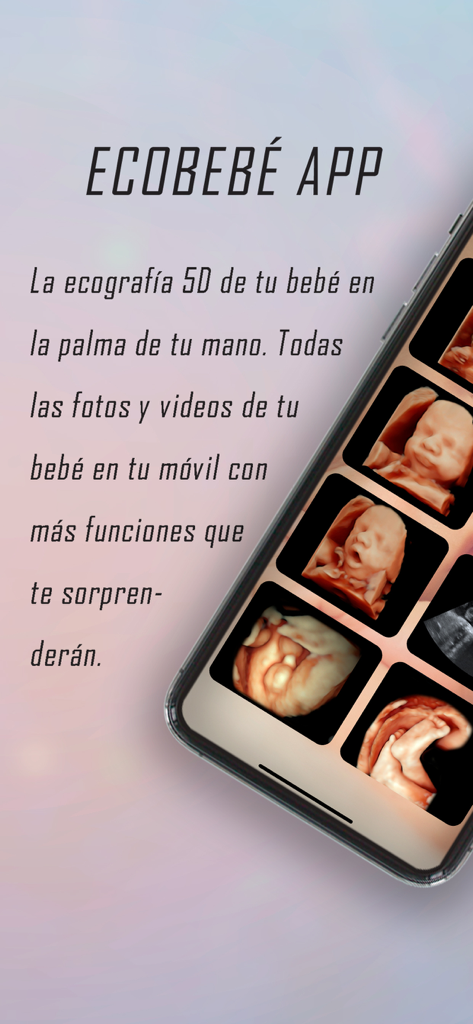 Pantalla de smartphone mostrando una galería de imágenes de ultrasonido 5D de bebés dentro de la aplicación Ecobebe.