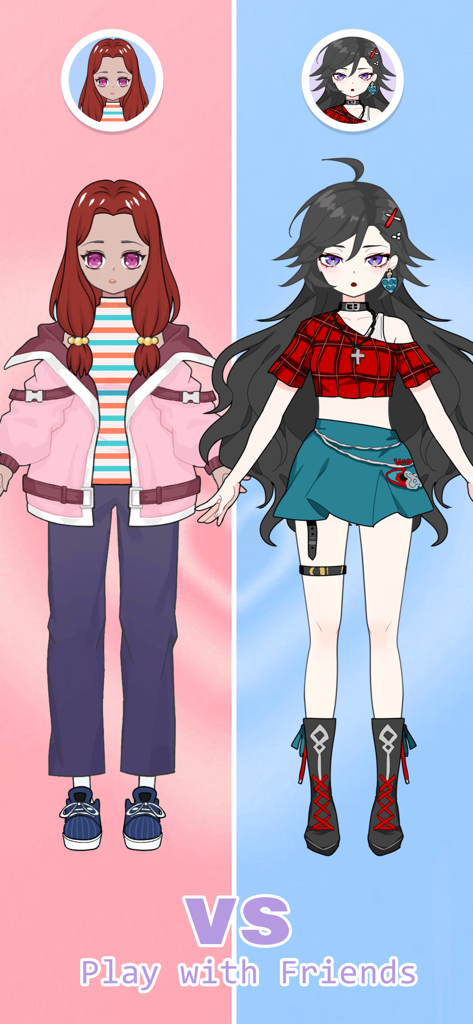 Dos elegantes personajes de anime uno al lado del otro en un modo versus para el juego de vestir Vlinder Princess