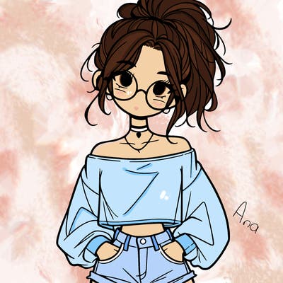 girl with a messy ponytail glasses a baggy crop top and jean shorts