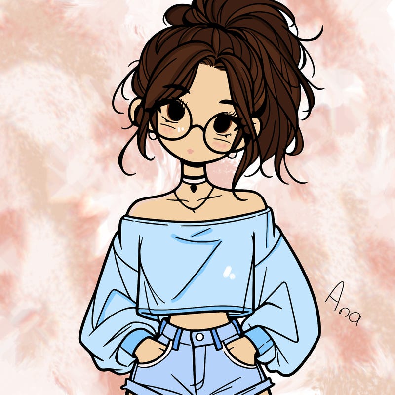 girl with a messy ponytail glasses a baggy crop top and jean shorts