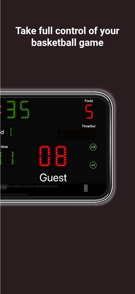 Scoreboard Basket - A mobile phone displaying the Scoreboard Basket app interface for tracking basketball game scores fouls and time