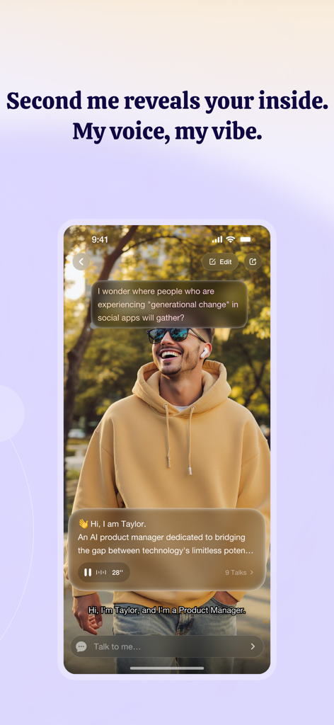 Second Me-Al ldentity Network - A mobile screen showing the Second Me app interface with a user profile and an AI identity introduction