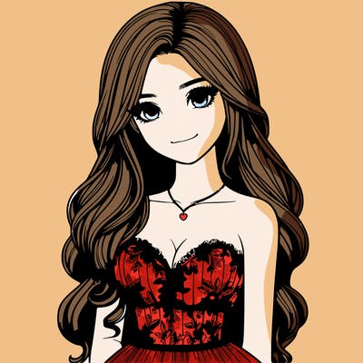 realistic girl with long hair and pretty prom dress