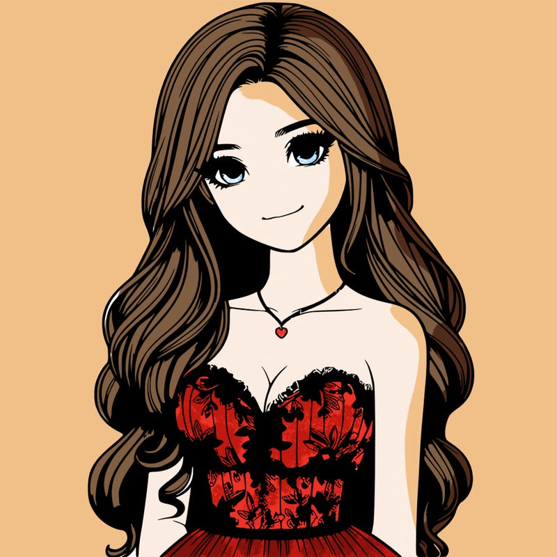 realistic girl with long hair and pretty prom dress