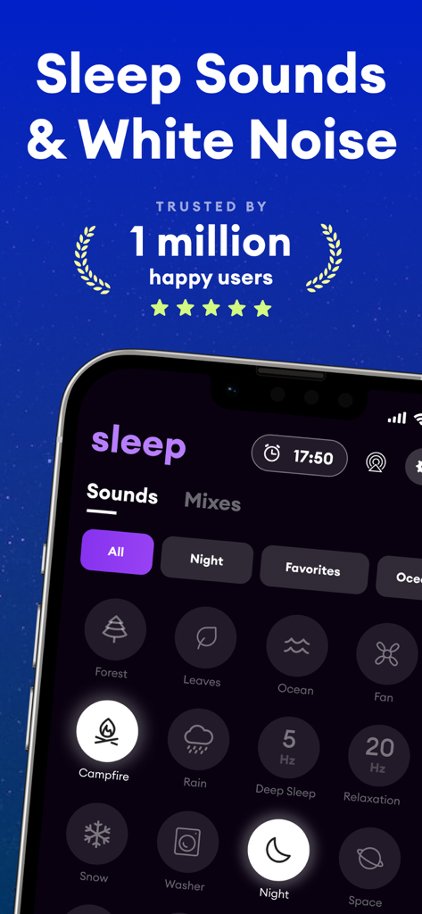Noise: Green, White, Brown - Sleepo app interface showing various sleep sounds and white noise options