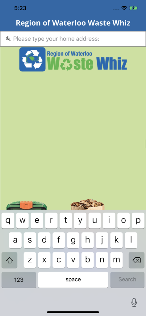 Écran de recherche d'adresse dans l'application Region of Waterloo Waste Whiz