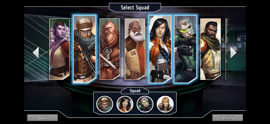 Star Wars: Imperial Assault - Pantalla de selección de personajes que muestra varios héroes de Star Wars en la aplicación compañera de Imperial Assault