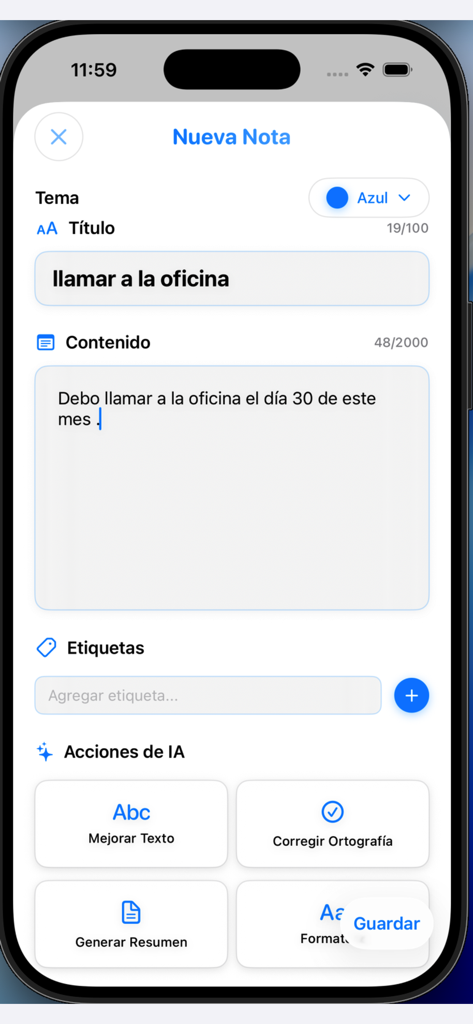 intelli note - Intelli Note mobile app interface for creating a new note with AI powered writing and summary tools