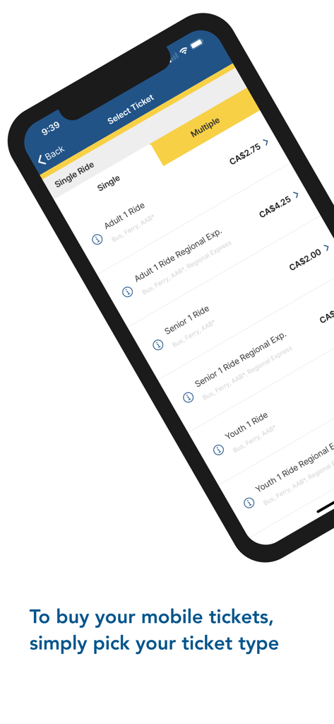 HFXGO app screen showing a list of bus and ferry ticket options and prices for selection