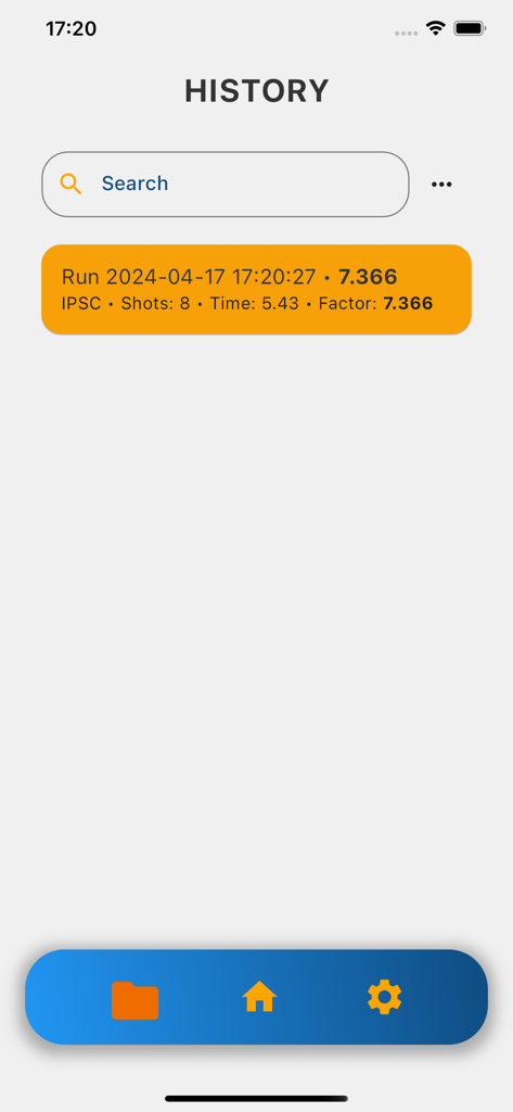 IPSC Calculator app history screen displaying past shooting practice runs and hit factor results
