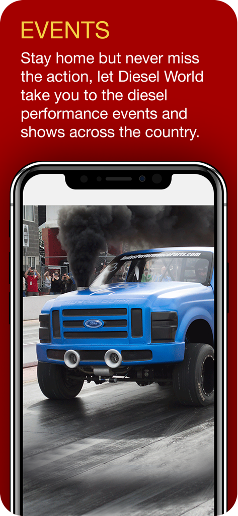 Diesel World - A blue Ford Super Duty truck racing with black smoke emission on the Diesel World app events page