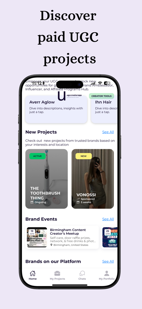 UGCCreatorapp - UGCCreatorapp interface showing paid user generated content projects and brand events