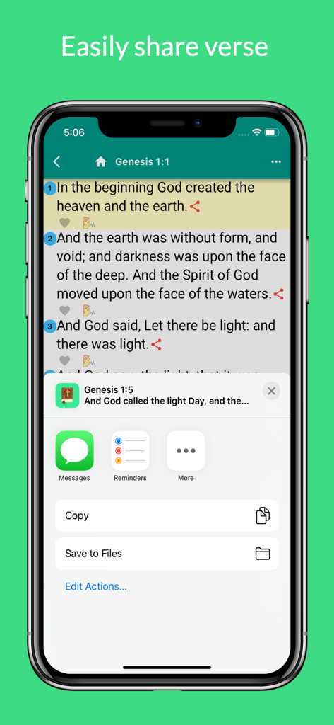 A smartphone displaying the share verse feature in the Word of God Bible app.