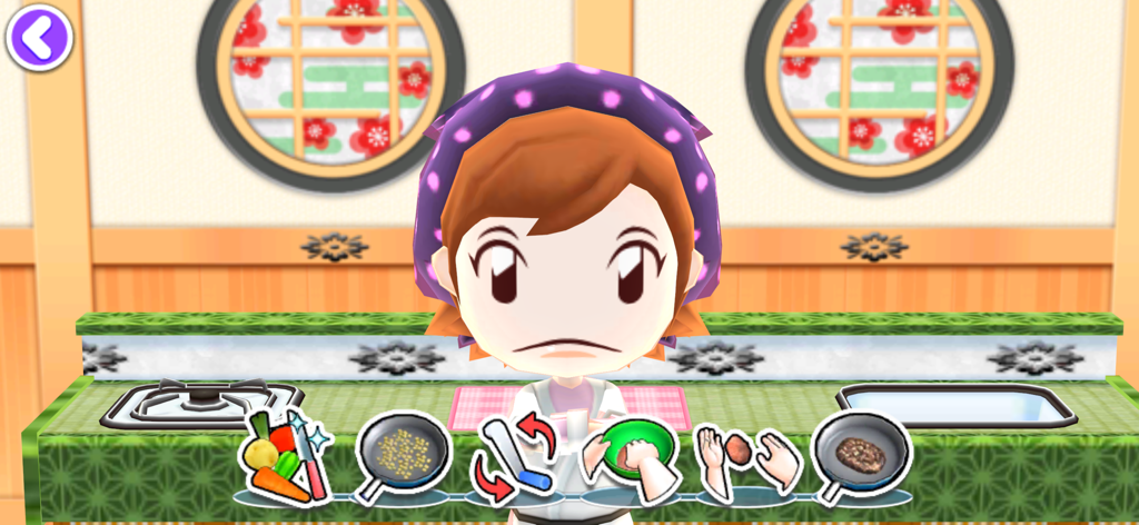 Personagem Cooking Mama em um cenário de cozinha com vários ícones de minijogos de culinária na parte inferior