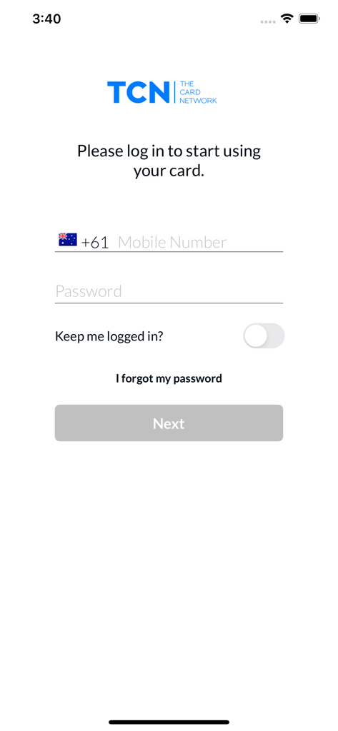 The Card Network - The Card Networkモバイルアプリのログイン画面。携帯電話番号とパスワードのフィールドがあります。