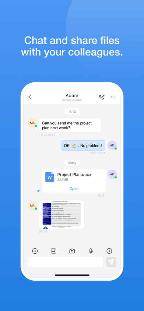 Grandstream Wave - Grandstream Wave app chat screen showing message exchange and file sharing
