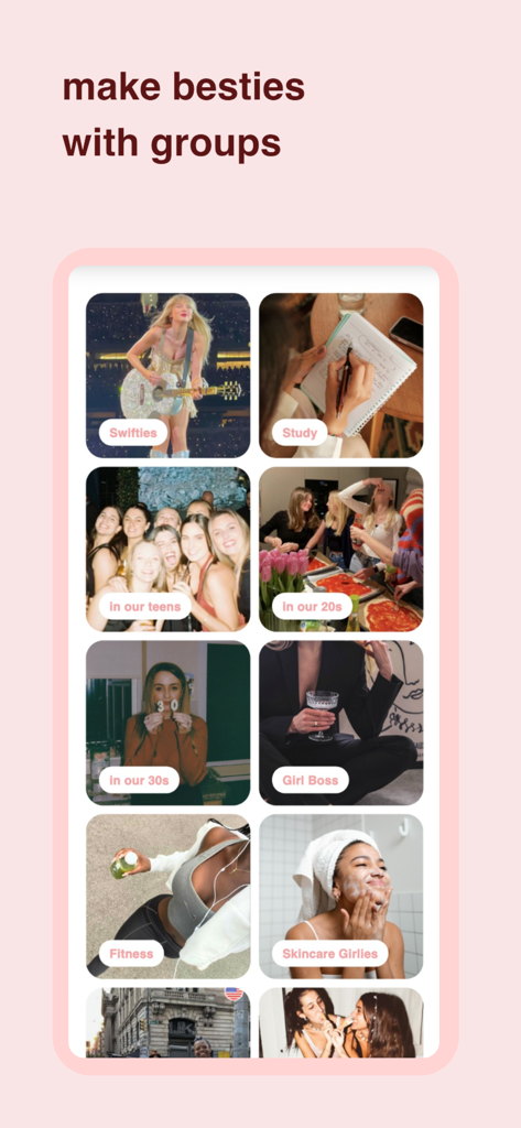 A screen from the HerHelp app showing various community interest groups for women including Swifties, Fitness, and age-based circles.