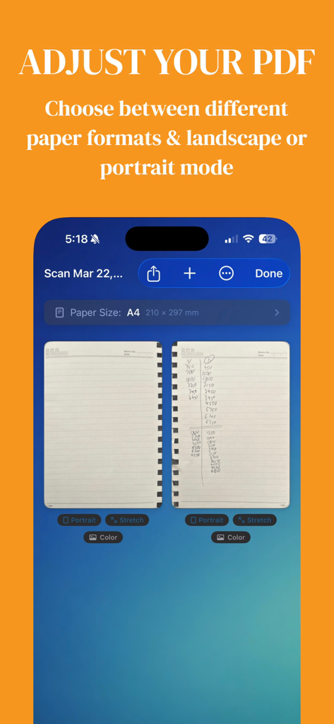 PaperSnap PDF Scanner - Interface of the PaperSnap app showing options to adjust PDF paper size and page orientation