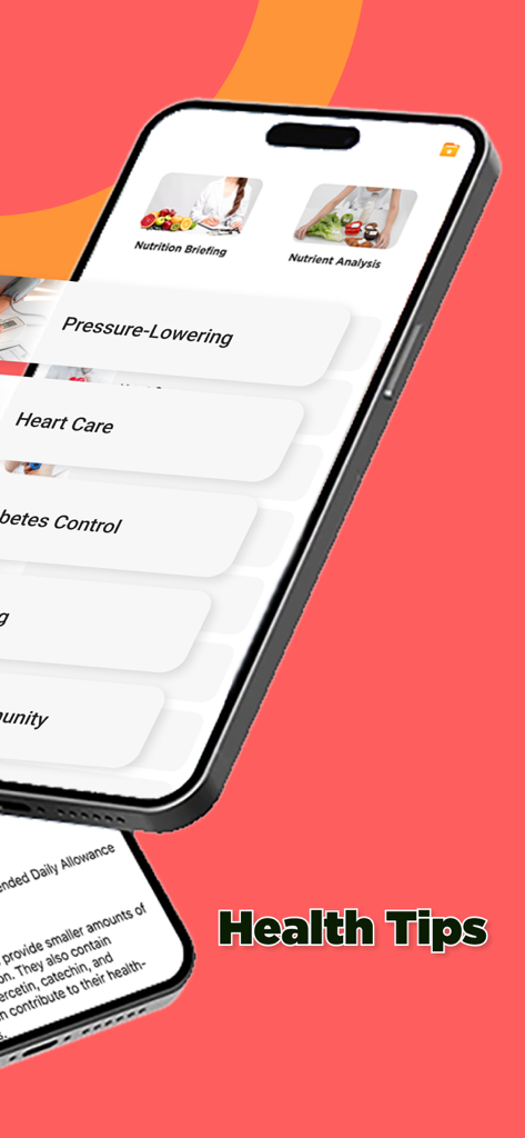 NutriGauge - NutriGauge app interface showing health tip categories including heart care and nutrition analysis
