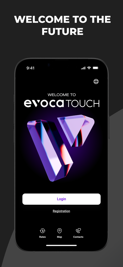 EvocaTOUCH - EvocaTOUCH mobile banking app welcome screen showing login and registration options