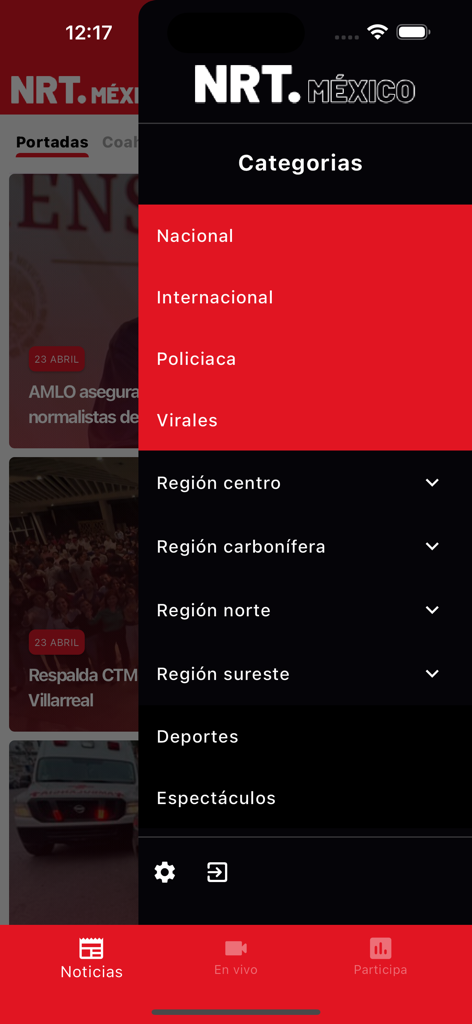 NRT México - Menú lateral de la app NRT Mexico mostrando categorías de noticias como secciones nacionales, internacionales y regionales