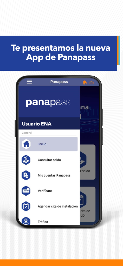 Panapass - Side menu of the Panapass app on a smartphone showing navigation links for balance and traffic