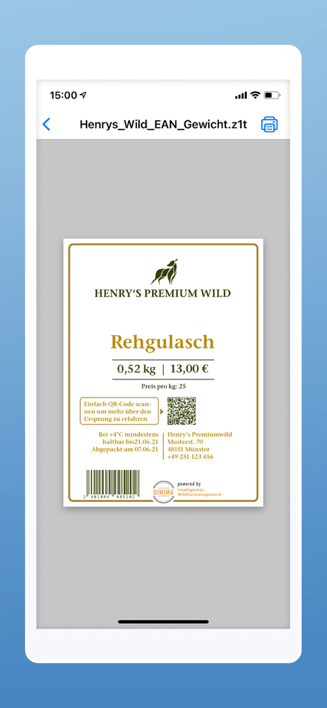 Interfaz de la aplicación móvil Z1 Label Factory mostrando una etiqueta de carne profesional personalizada con precio, peso y código de barras