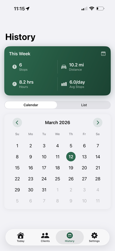 RutaVerde: Lawn Route Manager - RutaVerde app history screen showing weekly job statistics and a monthly calendar view for route planning.