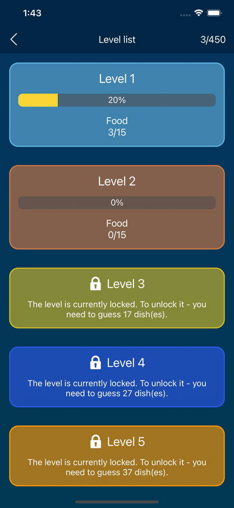 Food Quiz: Guess the Food - A menu screen showing game progress across multiple levels in the Food Quiz app with some stages locked.